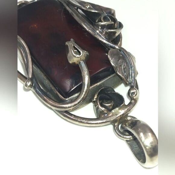 Baltic Amber Sterling Silver Art Nouveau Floral Pendant Vintage - Picture 7 of 16
